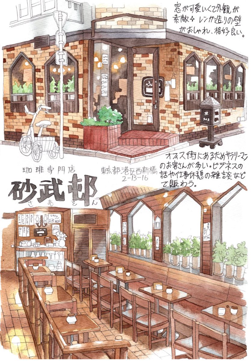 「東京都西新橋「サムソン」。窓の形に惚れて訪れたお店。ホットサンドサクサクのアツア」|まみたのイラスト