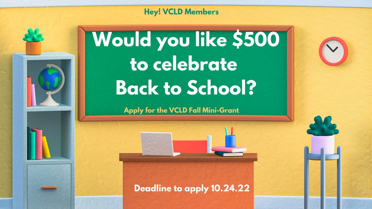 VirginiaCLD's tweet photo. VCLD is now accepting applications for our FALL 2022 $500 Mini-Grant. Current VCLD members, apply here: https://t.co/ilyBKUuOBY 
Questions? Lenette Hillian lenette.hillian@portsk12.com  To Join VCLD, contact Meaghan Sekinger msekinge@gmu.edu https://t.co/FwigYKP1xP