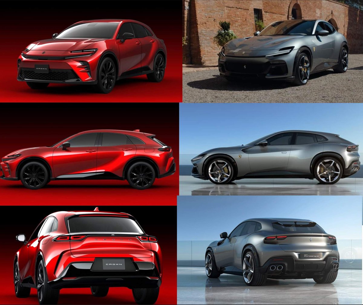 Fuelgarden's tweet photo. Was the Ferrari Purosangue and Toyota Crown designed by the same guy? 😆 | #FUELGARDEN 🇲🇾

#ferrari #purosangue #toyota #crown #prancinghorse #jdm #newcars #carculture https://t.co/lWnLWNoSkI