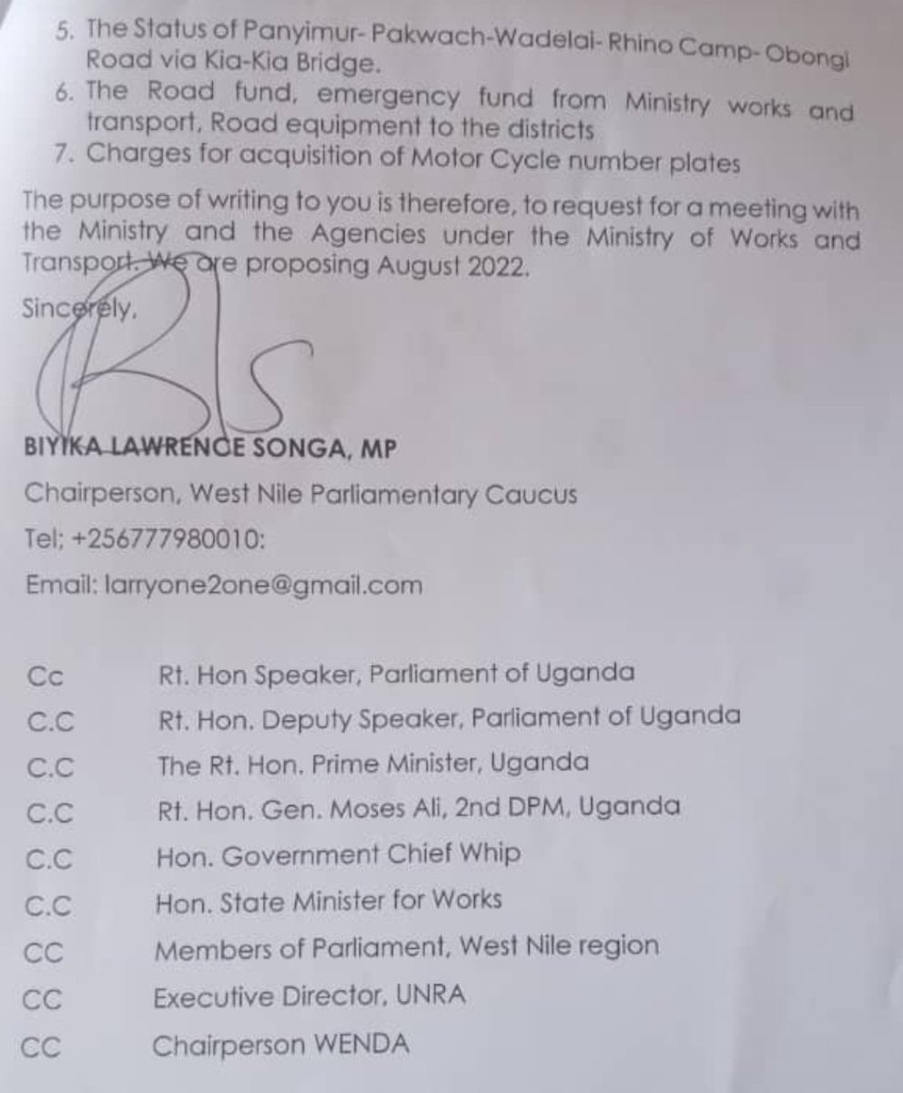 Urgently Tarmac Nebbi-Goli-Paidha-Zombo-ZEU-Vurra Economic and Security roads linking 3 high revenue generating URA borders: Goli,Padea,Vurra to DRC 4 more revenues,Dev't &amp;PEACE.                            
Biyika Lawrence Songa,MP Ora County &amp;Chair-Westnile Parliamentary Caucus