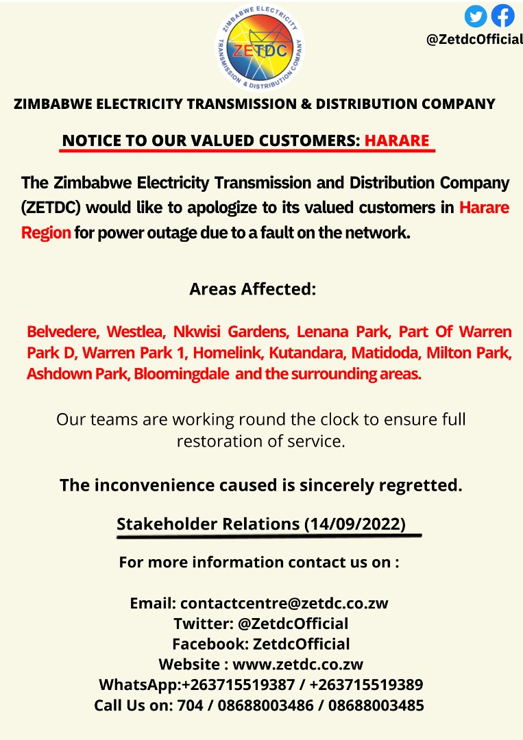 #PowerOutage #Harare residents in the mentioned areas kindly take note. @VaMbarara @official_MOEPD @ZBCNewsonline @NewsDayZimbabwe @HeraldZimbabwe @PowerTelZW @officialzpc @zeraenergy