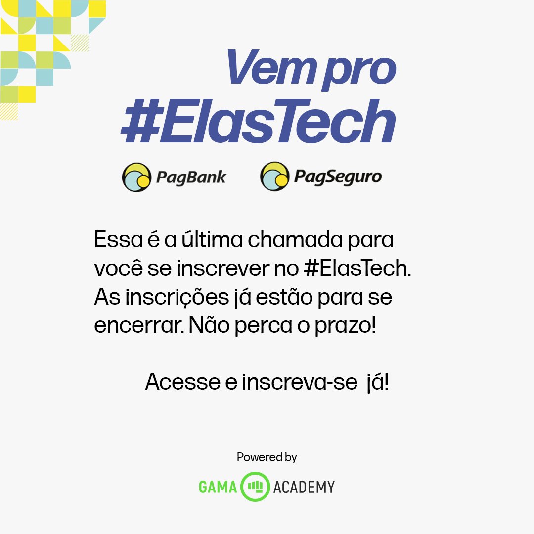 danvitoriano's tweet image. Última chamada para se inscrever no #ElasTech!

Para participar, os requisitos são: mais de 18 anos, formadas ou cursando qualquer curso de graduação.

A Inscrição é até hoje 14/09: bit.ly/elas-tech

#dev #programadora #java