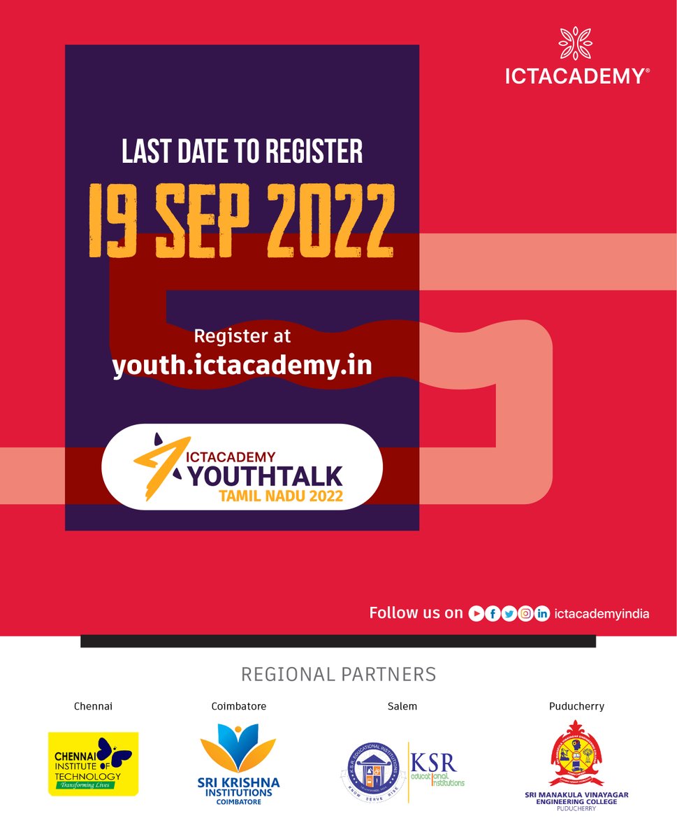ictacademyindia's tweet photo. ICT Academy Youth Talk 2022!
The last date to register is 19th September 2022
Register now: https://t.co/MVWRpiCTHi
#ictacademyindia #YouthTalk2022 #Talkathon #speechcompetition #talkingcompetition #YouthChallenge #bhfyp https://t.co/xrJeItVisP