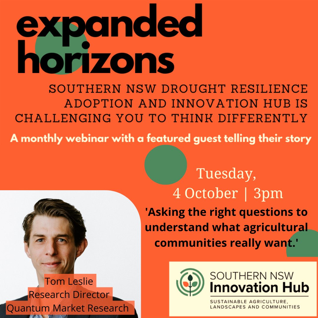 Southern NSW Innovation Hub (@southernnswhub) on Twitter photo Want to know how to ask the right questions to understand what ag and regional communities really want? Register for Expanded Horizons webinar with Tom Leslie qmr.com.au and find out. 3pm, Oct 4. bit.ly/3KR9N7w
#FutureDroughtFund #SNSWInnovationHub <a href="/DAFFgov/">Department of Agriculture, Fisheries and Forestry</a> Want to know how to ask the right questions to understand what ag and regional communities really want? Register for Expanded Horizons webinar with Tom Leslie qmr.com.au and find out. 3pm, Oct 4. bit.ly/3KR9N7w
#FutureDroughtFund #SNSWInnovationHub <a href="/DAFFgov/">Department of Agriculture, Fisheries and Forestry</a>