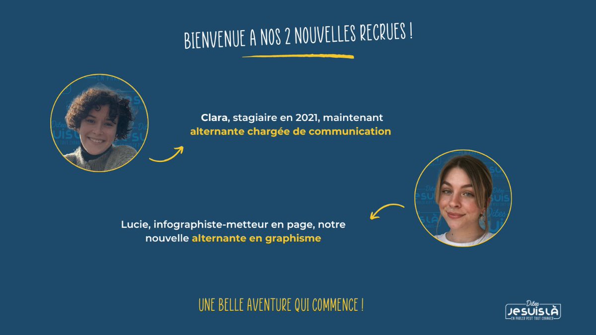 DitesJeSuisLa's tweet photo. Nous souhaitons la bienvenue à nos deux recrues en alternance : Lucie et Clara !

Une belle aventure qui commence pour elles au sein de l'association 💛

#ditesjesuisla #enparlerpeuttoutchanger #preventionsuicide #djsl https://t.co/ApqVR8mtB4