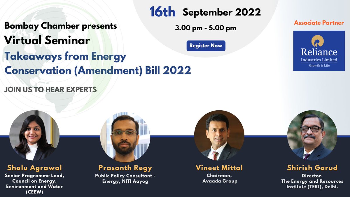 BombayChamber's tweet photo. Two days to go for the much awaited Virtual Seminar on “Takeaways from Energy Conservation (Amendment) Bill 2022”
Reserve your seat at the earliest.
Register Here : https://t.co/QWVvQHdJRX
More Details : https://t.co/Gtan07Swxw
#energyconservation #BombayChamberEvent https://t.co/GvxJnmKts8