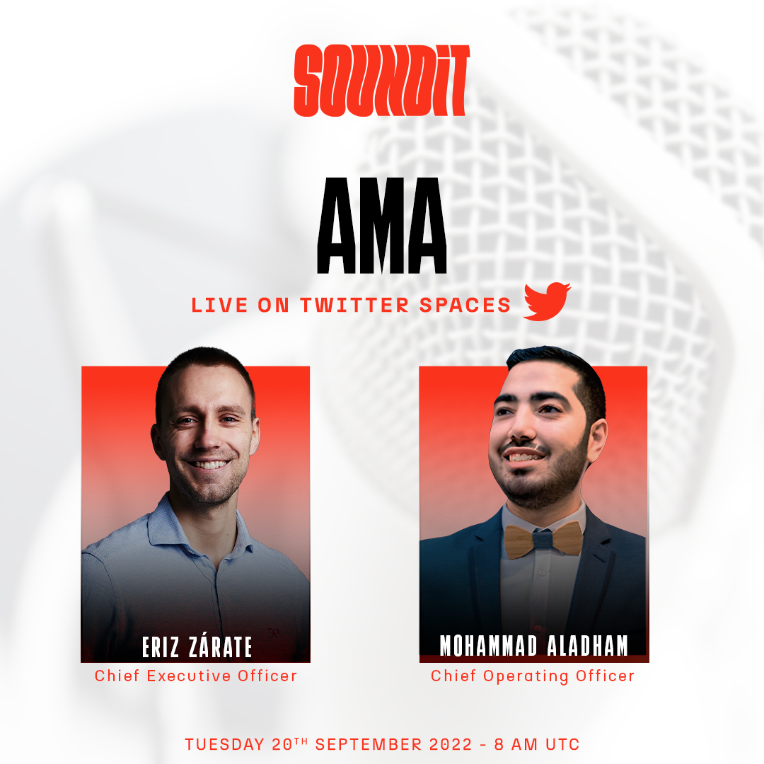 SOUNDITSOCIAL's tweet image. #SOUNDIT LIVE AMA on TWITTER SPACES ft. CEO, Eriz Zarate &amp;amp; COO, Mohammad Aladham.

🗓️Tues, Sept 20th | ⏰8:00am UTC

Send in questions here to WIN: bit.ly/3Ud0tPU

#LiveAMA #Twitterspaces #AMA #Web3 #Decentralised #NFTCommunity #NFTs #defi #cryptogiveaway #Tokenomics