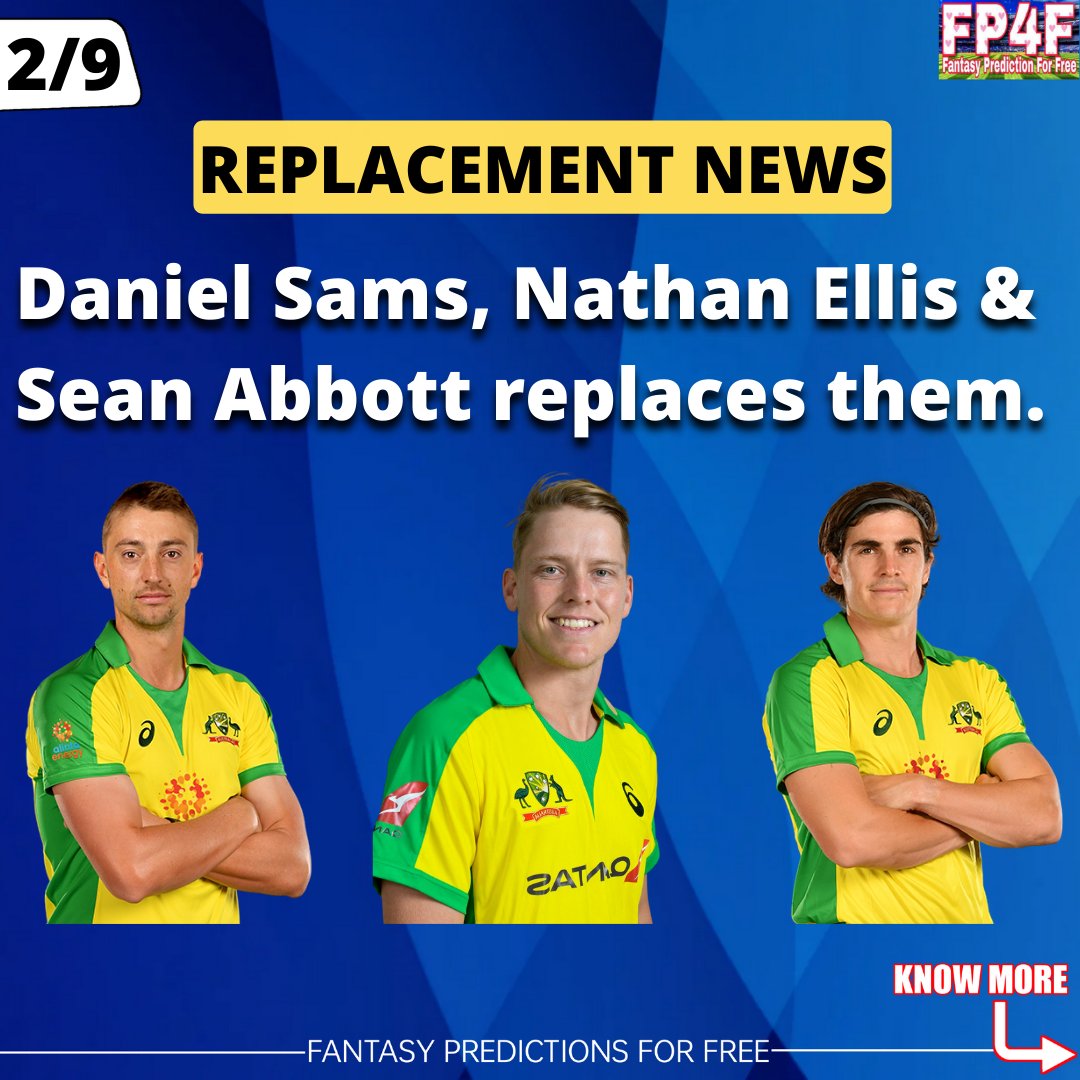 SportsStatsFree's tweet photo. Mitchell Starc, Marcus Stoinis and Mitchell Marsh ruled out of the T20 Series against India.
Daniel Sams, Nathan Ellis and Sean Abbott replaces them.
#AUSvsIND #INDvsAUS #InjuryNews #FantasyPredictionForFree #FP4F https://t.co/U9PRUaHpc2