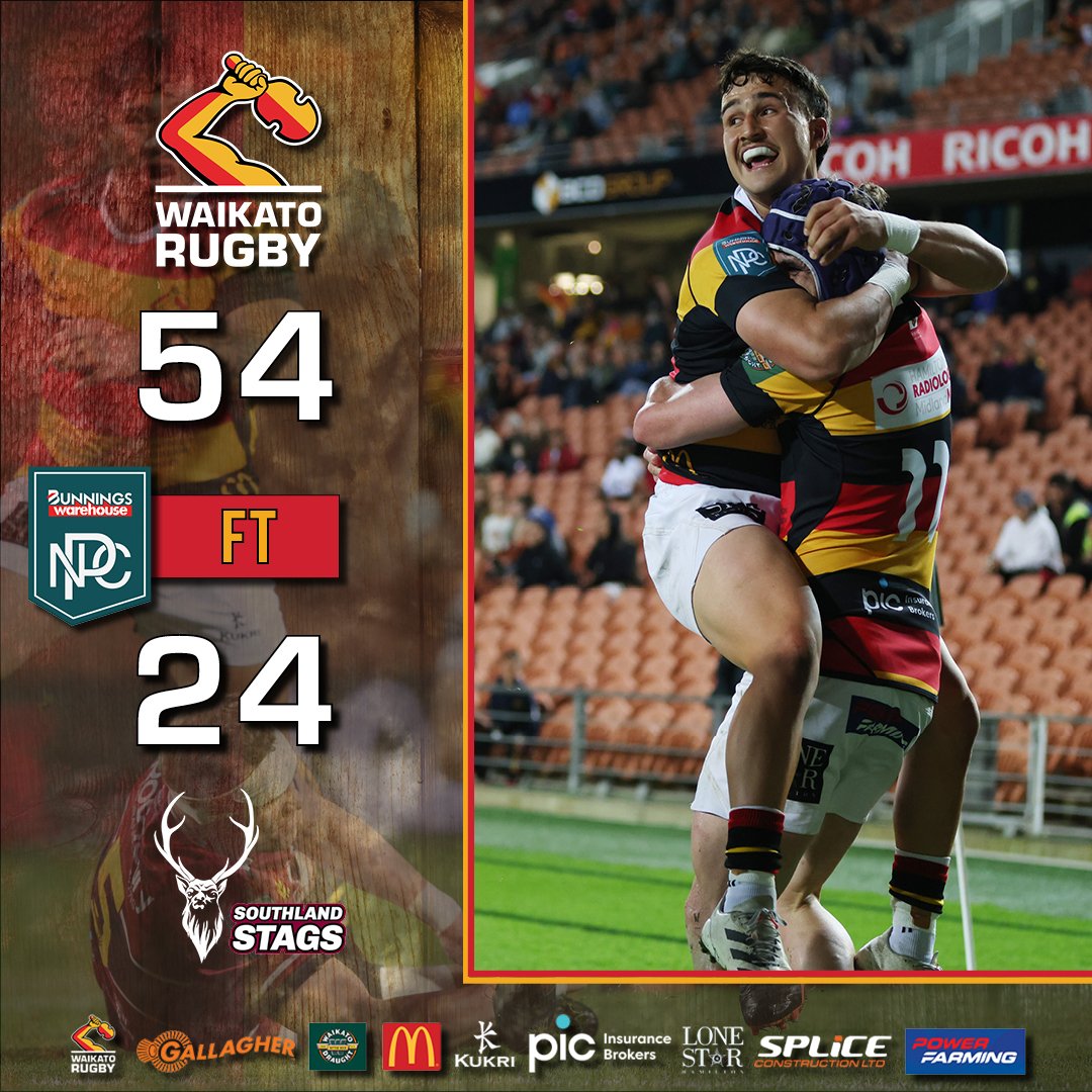 WaikatoRugby's tweet image. FT l “Waa Mutunga” The Boys record a huge bonus point win on a Wednesday night in the Tron.💪🏉🐮 

54-24
#WAIvSOU

#WaikatoRugby #Mooloo101 #BunningsNPC