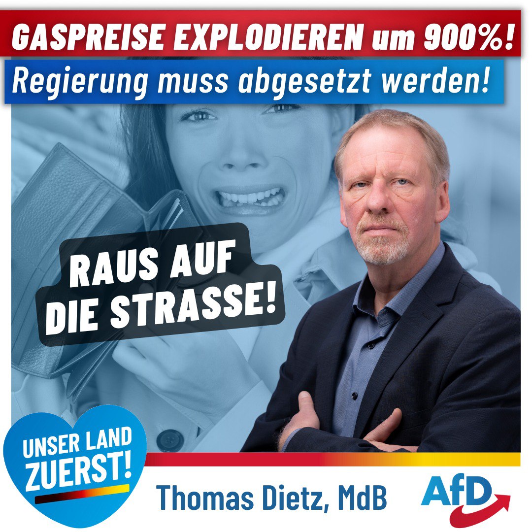 ThomasDietz_MdB's tweet photo. Ein Beispiel aus Hainichen ist für mich besonders bestürzend: Eine Rentnerin muss statt 5,36ct pro KWh künftig 47,68ct pro KWh an #Mitgas zahlen.
Darum: Heute Nachmittag alle nach AUE.
Zeigt euren #Protest!
Geht auf die Straße!
Wir holen uns unser #Land zurück!
#Energiekrise https://t.co/ACdIFDSvBN