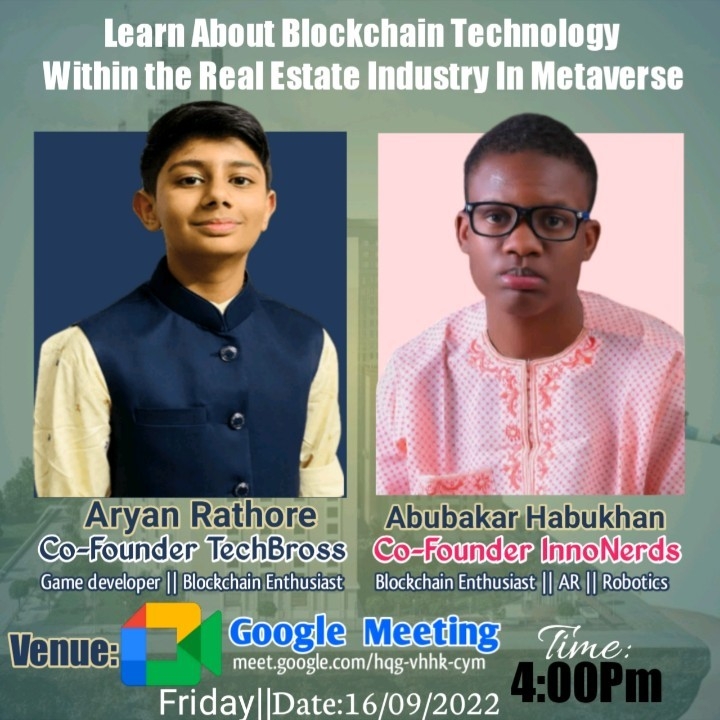 Aryan_Web3's tweet photo. Join us live as Aryan Rathore and Abubakar Jamilu Habukhan uncover how blockchain is helping the real estate industry.

Venue: https://t.co/Tjk8NS1TGt
Date: 16/09/2022

#blockchain #realestate #technology #metaverse #nft #crypto https://t.co/nnmBIthErs