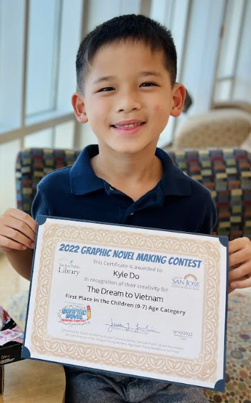 Are Cambrian kids amazing or what?!

Steindorf 2nd grader Kyle Do won 1st place in the Children (0-7) Age Category of 2022 SJPL Graphic Novel Making Contest. Way to go Kyle!