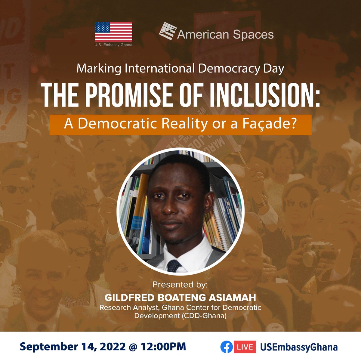 EKSiaw's tweet photo. #AmSpacesAtHome To commemorate the International Day of Democracy with @asiamahboateng1 a Research Analyst, @CDDGha . Join the conversation today September 14, 2022 at 12:00pm LIVE on Facebook https://t.co/PgNTCEx5bO