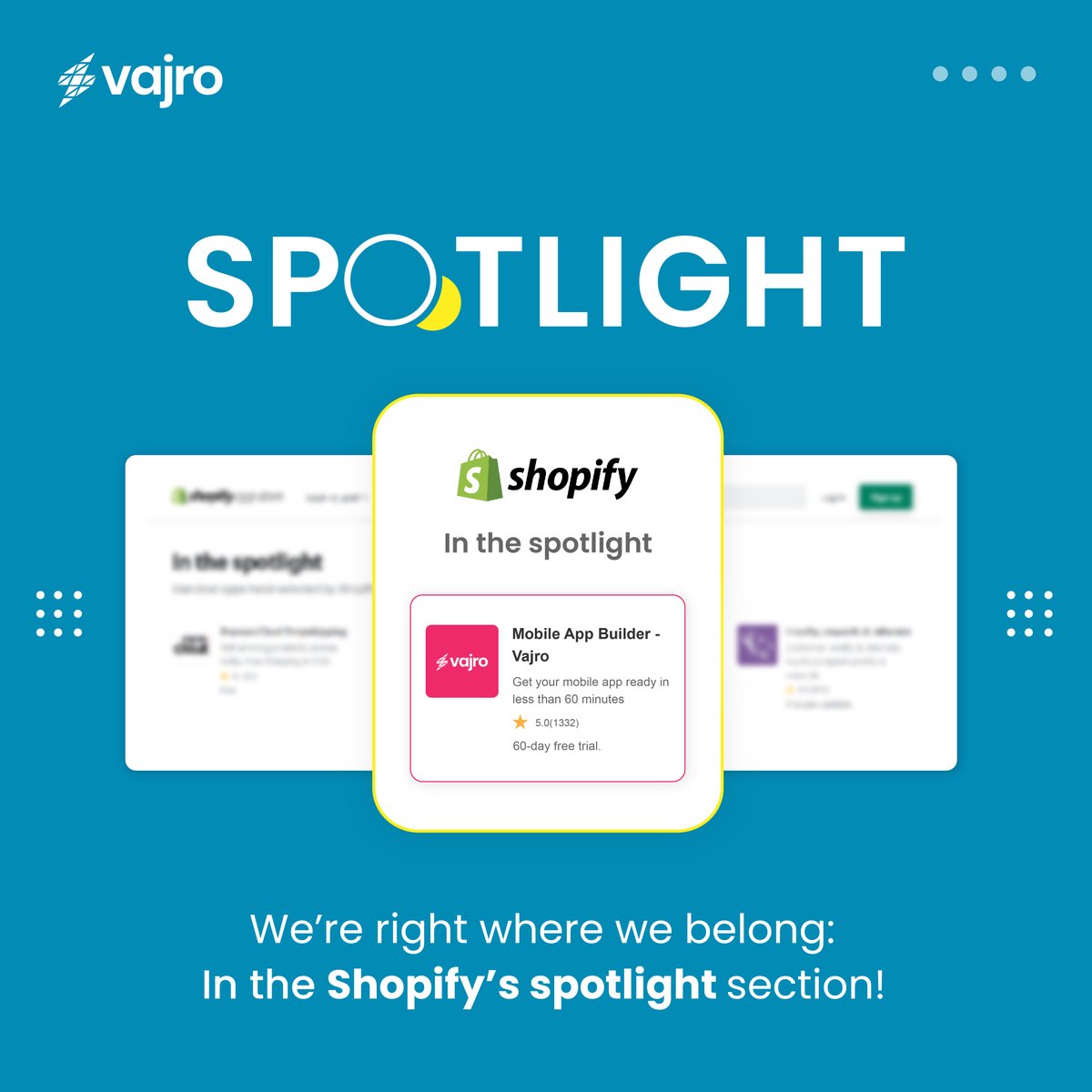 Proud moment for the entire Vajro fam!! 😁 Out of over 6000 apps, <a href="/Shopify/">Shopify</a>  picked us to be in their marketplace spotlight! 🌟

 #VajroInTheSpotlight #ShopifyPicks #Shopify #mobileappbuilder