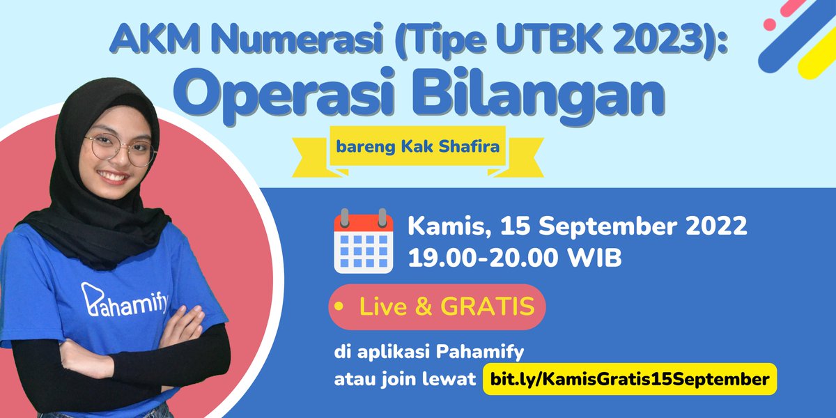 belajaremteka's tweet photo. Guysss, ku kangen bljr bareng kaliaaan😫
Belajar bareng yuuuk, ttg materi AKM Numerasi!

🗓️Kamis, 15 Sept 2022
⌚️19.00 WIB
LIVE &amp; GRATIS di aplikasi &amp; youtube pahamify.
Kalo error masuk ZOOM lwt apk, bs masuk lewat https://t.co/LEzfSS4vKc.

SYFH NIE YG BSK MO IKUD? YUK ABSEN!😜 https://t.co/r12TxwM2c9