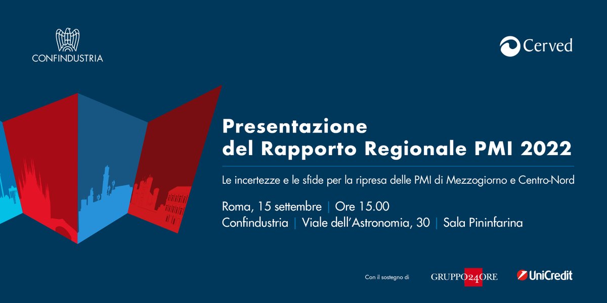 Domani #15settembre la presentazione del Rapporto PMI Regionale 2022 a cura di #Confindustria e <a href="/Cervedgroup/">Cerved</a> che analizza le performance economico-finanziarie delle circa 160 mila #PMI di capitali italiane.

Scopri il programma, iscriviti e partecipa ➡ bit.ly/3BgWCIB