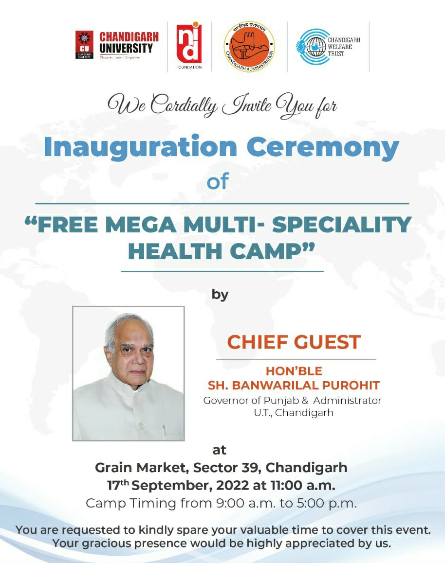 NID_Foundation's tweet photo. To mark the occasion of H'ble PM @NarendraModi's 72nd birthday, #NIDF invites you to be a part of the inauguration ceremony of #SewaPakhwada - Free Mega Multi-Specialty Health Camp with H'ble Governor of Punjab &amp; Admin. of U.T. ChD, Sh. Banwarilal Purohit as the Chief Guest. https://t.co/890jDtt46L