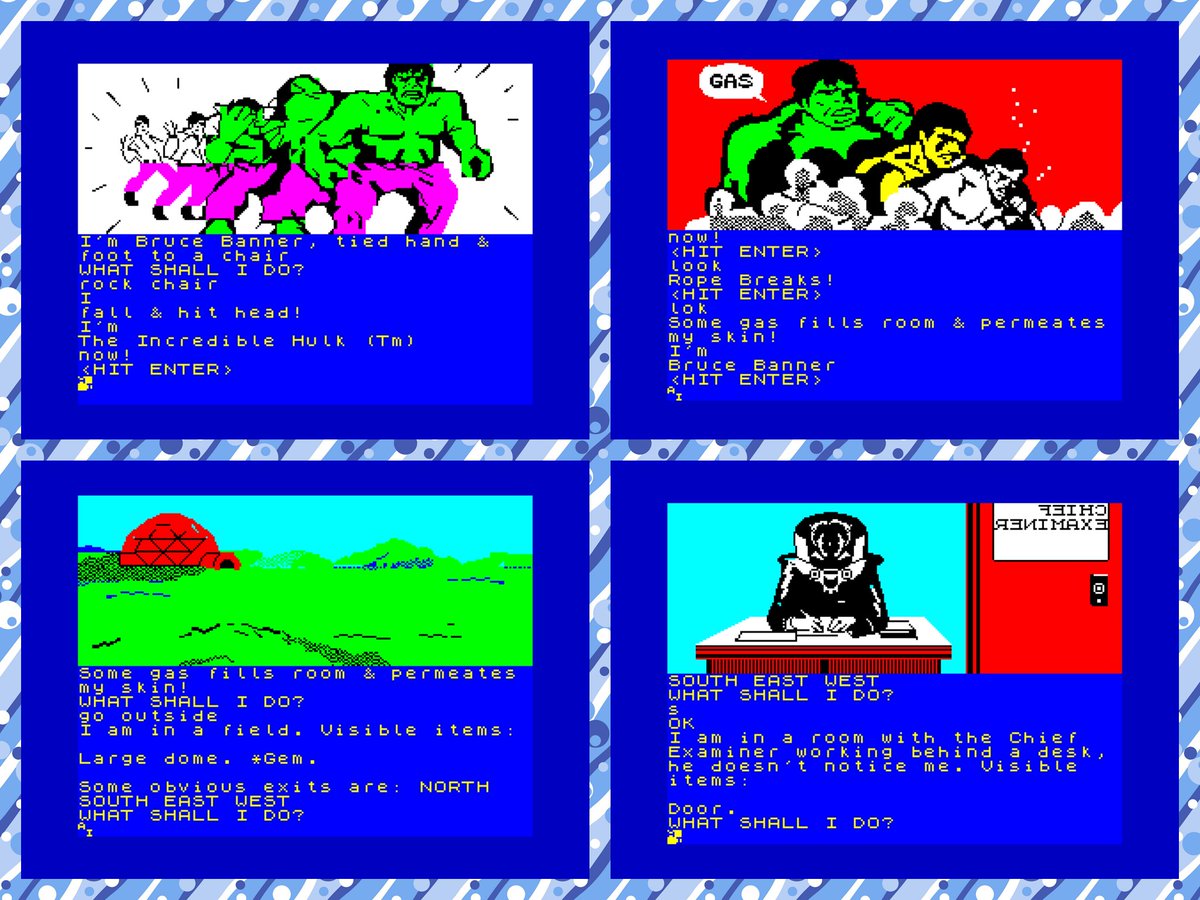 OldSchoolBooks1's tweet photo. Today's #retrogaming on the #ZXSpectrum #Questprobe Featuring #TheHulk another wonderfully illustrated #textadventure, turn yourself from Bruce to The Hulk and collect the gems, text entry has to be precise on this one, but the graphics are worth it! #zxretweets https://t.co/AM0OezuZHD
