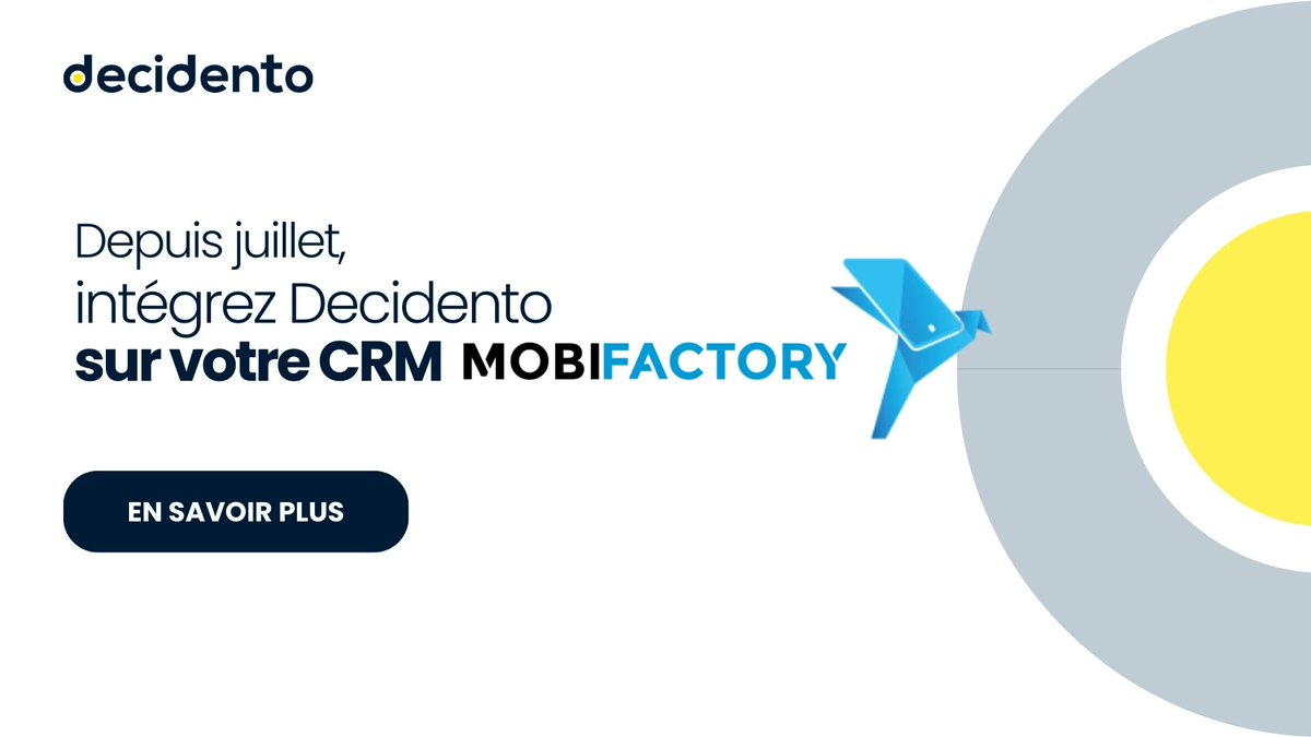 Retrouvez la #dataB2B directement dans votre #CRM !  Depuis juillet, <a href="/Mobifactory/">Mobile Factory</a> est partenaire de Decidento
-Réduisez vos coûts &amp; centralisez vos datas B2B
-Gagnez du temps &amp; identifiez vos prospects rapidement 
En savoir + sur l'intégration CRM ici zcu.io/r7Kg