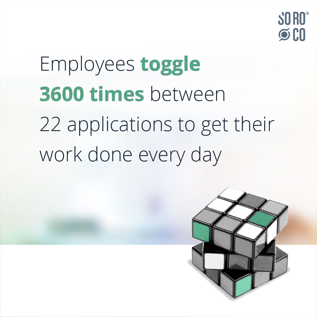 SorocoGlobal's tweet photo. We are overwhelmed by apps and tools at the workplace. 

Constantly jumping between apps can impact attention span &amp; #productivity. 

Our latest study published in @HarvardBiz, finds constant app switching results in a #togglingtax.

Read more: https://t.co/uW7i7ZKSHf

#workgraph https://t.co/JIhT20L2FE