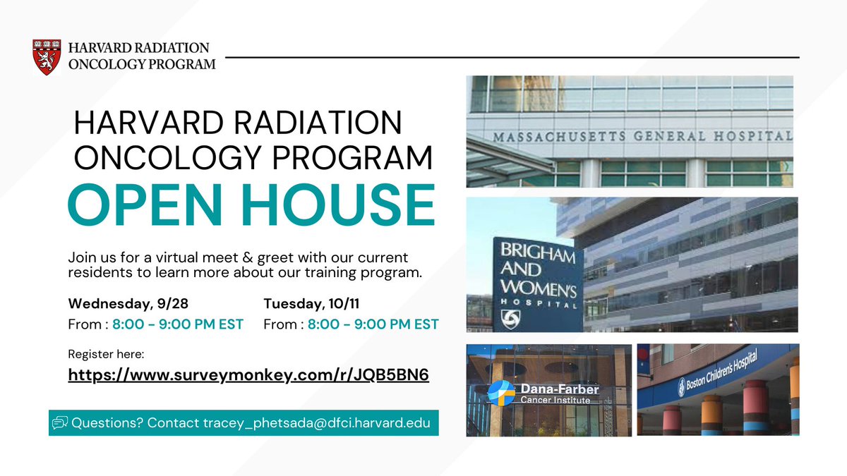 Interested in Oncology? Final year of Med School? Come check out our first open house of the season on 9/28! Final one will be 10/11. @HarvardRadOnc @ASarafMD2 @kevinxliu