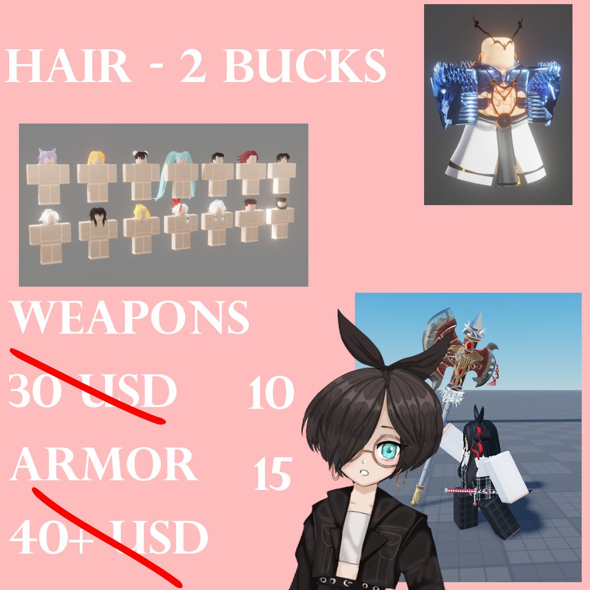 MercyMecredi's tweet photo. Hey! It's me - Mecredi ^w^
It's been a little while since I've been active in the commissioning community! Been working at a studio for the past while but I need some creative inspo - So I'm opening emergency comms at a huge discounted price #RobloxDevs #RobloxDev https://t.co/YJALFUemmZ