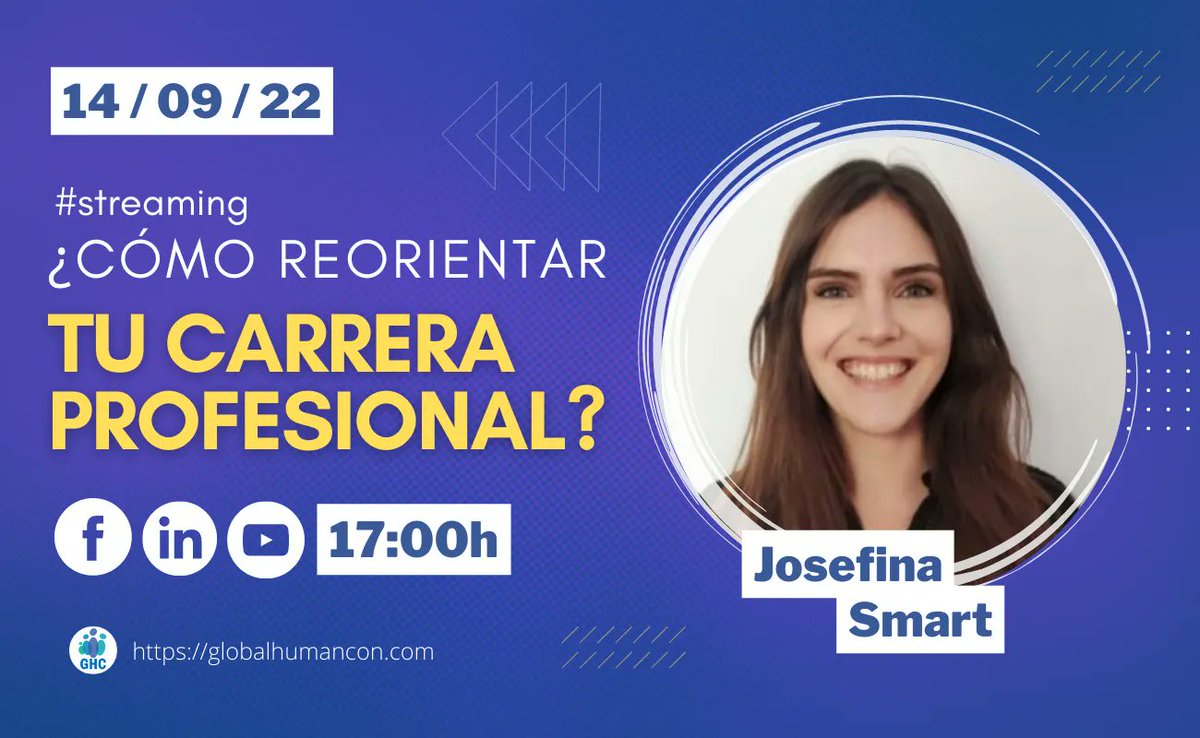 globalhumancon's tweet photo. ¡ES HOY! ¡ES HOY!

👉 Esta tarde a las 17:00h te esperamos en el #streaming de Josefina Smart. Hablaremos sobre cómo puedes reorientar tu carrera profesional y te daremos tips y herramientas para que puedas identificar tus nuevos objetivos. https://t.co/fm2KyatAkJ
