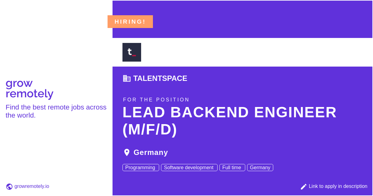 growremotelyio's tweet photo. Check out this job at Talentspace for the position Lead Backend Engineer (m/f/d).
Apply link: https://t.co/viqmkryJL0
#hiring #remotejobs #Talentspace #Programming https://t.co/g0hSv4IGrU