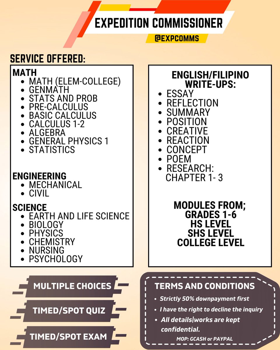exp_comms's tweet image. Mabuhay! ✨ EXPEDITION COMMISSIONER🫡

📍I’m open for academic services and also can do rush/non-rush tasks. I offer good quality works with adequate results🤝

📩Kindly message me for inquiries, thank you.