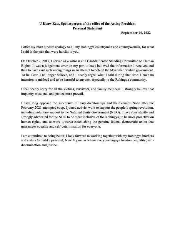 rc_jaber's tweet photo. U Kyaw Zaw, Spokesperson of the office of the Acting President
Personal Statement related to his statement in Canadian senate in 2021 on Rohingya 

September 14, 2022 https://t.co/OcGAPFfQRi