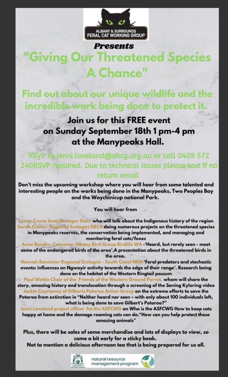 WA Feral Cat Working Group (@wafcwg) on Twitter photo Fab and FREE event being run by <a href="/notoferalcats/">CLAWS - Cat Laws and Wildlife Survival</a> this Sunday in Manypeaks! Check out the speakers from <a href="/gilbertspotoroo/">GPAG</a> <a href="/WAParksWildlife/">Parks and Wildlife Service, Western Australia</a> <a href="/BirdlifeOz/">BirdLife Australia</a> <a href="/FriendsWGP/">Friends of the Western Ground Parrot</a> @HannahBannist_r <a href="/SouthCoastNRM/">South Coast NRM</a> and be sure to RSVP ππ
#wildoz #feralcats Fab and FREE event being run by <a href="/notoferalcats/">CLAWS - Cat Laws and Wildlife Survival</a> this Sunday in Manypeaks! Check out the speakers from <a href="/gilbertspotoroo/">GPAG</a> <a href="/WAParksWildlife/">Parks and Wildlife Service, Western Australia</a> <a href="/BirdlifeOz/">BirdLife Australia</a> <a href="/FriendsWGP/">Friends of the Western Ground Parrot</a> @HannahBannist_r <a href="/SouthCoastNRM/">South Coast NRM</a> and be sure to RSVP ππ
#wildoz #feralcats