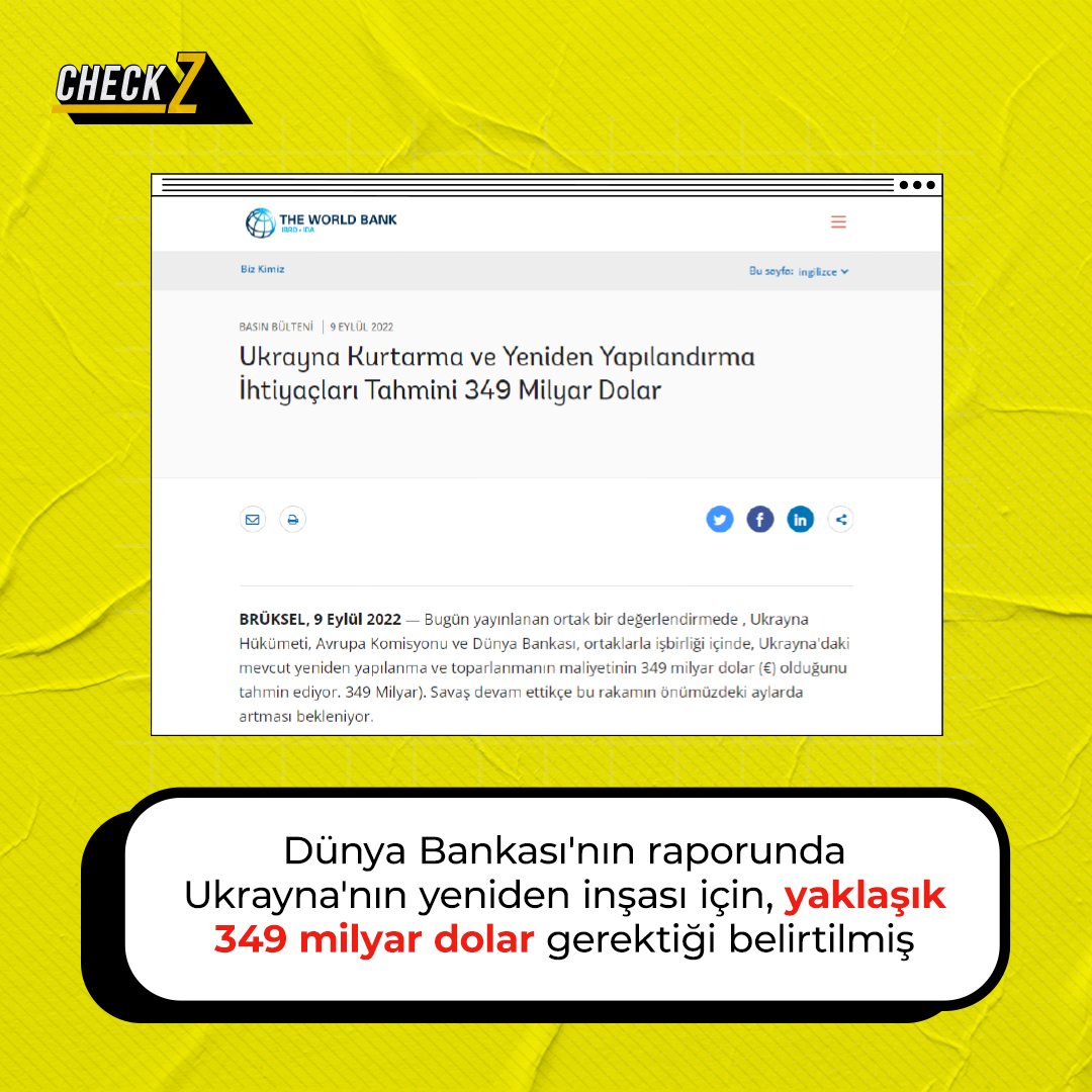 CheckZOfficial's tweet photo. Dünya Bankası Ukrayna’nın yeniden inşasının en az 128 milyar dolara değil, 349 milyar dolara mal olacağını açıkladı.
#Türkiye #gündem #Ukrayna #checkz https://t.co/efG662aqwf