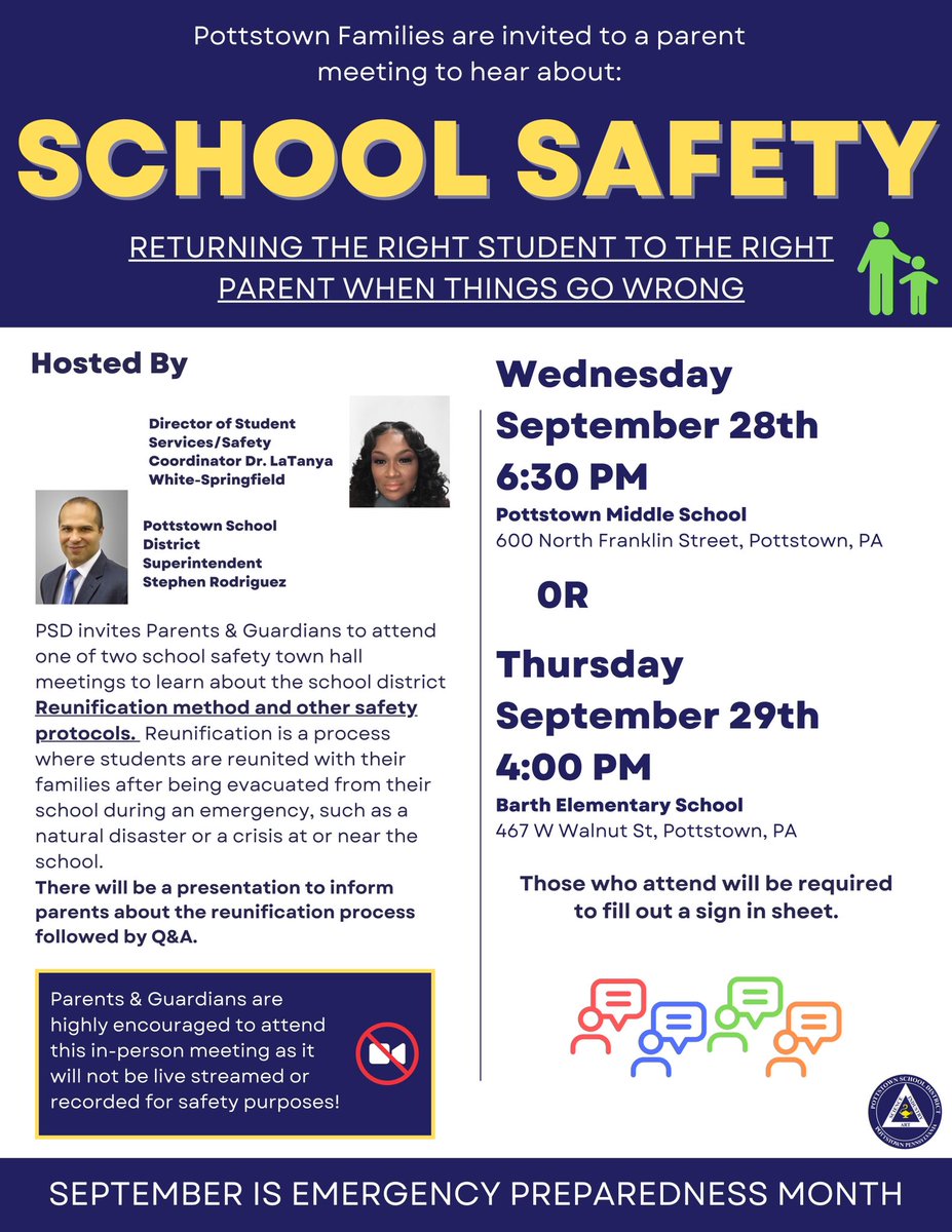 Pottstown Families — join us for an in-person informational meeting to hear all about school safety and the reunification plan. Details below! <a href="/JohnJarmato/">John Armato</a> <a href="/PSDRODRIGUEZ/">Stephen Rodriguez</a>