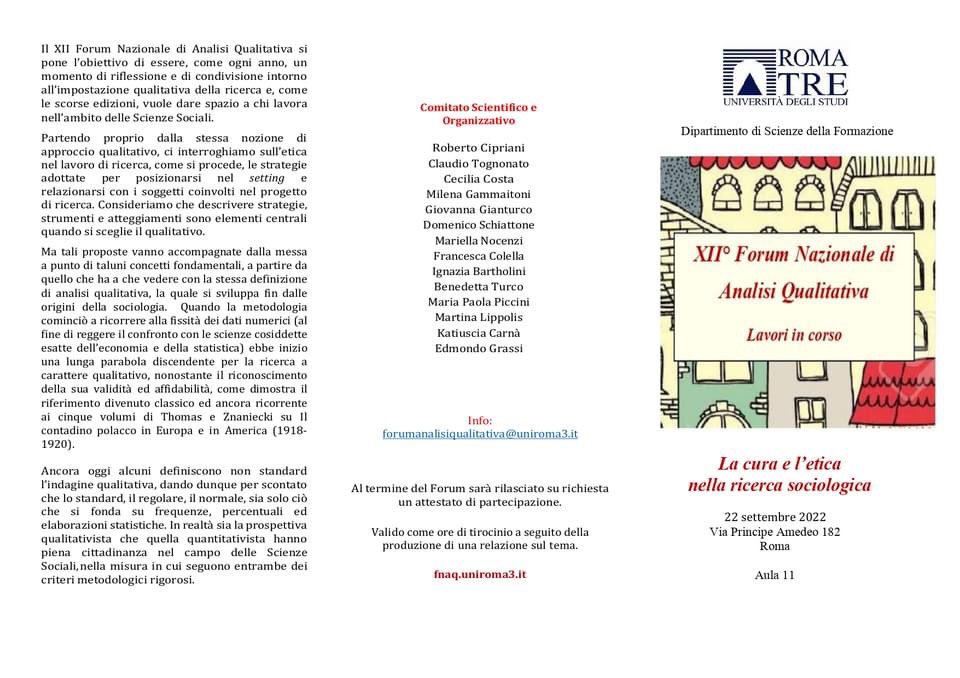 MPPicci's tweet photo. FORUM NAZIONALE DI ANALISI QUALITATIVA - #FNAQ2022:
Il 22 settembre 2022 vi aspettiamo, dalle ore 9:00, nel Dipartimento Scienze della Formazione di Roma Tre (via Principe Amedeo, 182 - Aula 11) @FSC_unisal @Uni_Salesiana @Relinitalia https://t.co/En3M6ab6p6