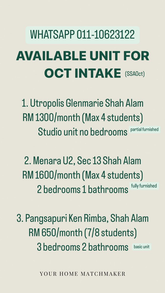 afeaco's tweet photo. RUMAH SEWA AVAILABLE IN SHAH ALAM FOR OCT INTAKE

kindly whatsapp for pics. 

#rumahsewashahalam #rumahsewauitmshahalam #rumahsewamurah #rumahmurahselangor https://t.co/XnUAjXvo5S