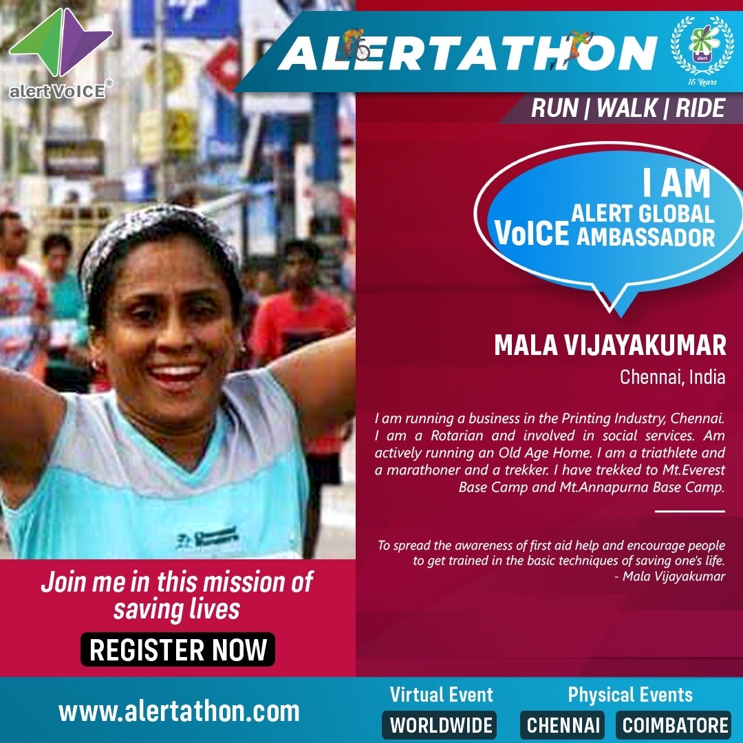 alertngo's tweet photo. Let's have a warm welcome for Mala Vijayakumar from Chennai, India, as our Global VoICE Ambassador (GVA). ALERT is grateful to you!
#alertathon #8thedition #ambassador #voiceambassador #alert #contest #contestalert #gva #globalvoiceambassador #ride #run #walk #runtosavelives https://t.co/ZyN1EjtbGt
