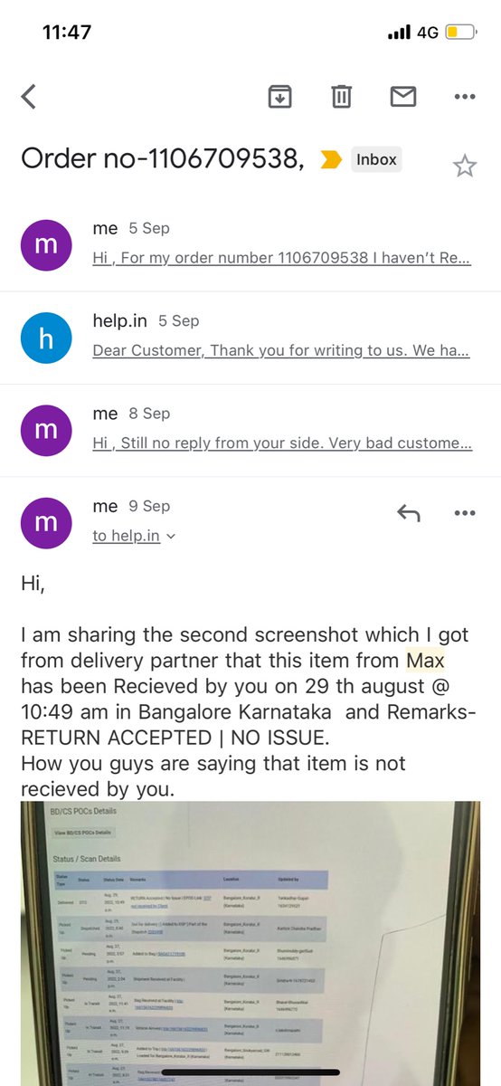 Iwalkwddestiny's tweet photo. Raised complaint on September 5th for refund which is not yet initiated even after several mail and calls to customer care saying they haven’t received the item. Shared screenshots related to pickup and drop.Item was picked up on Aug 23and received at your warehouse on Aug 27 https://t.co/FaETNbZVhD