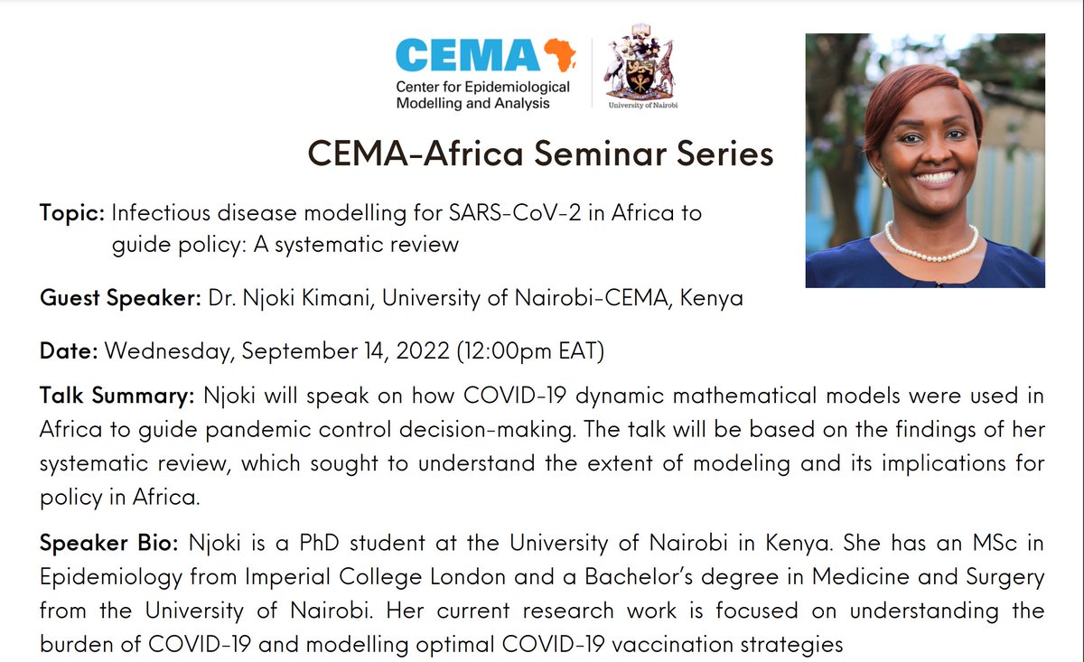 Join us for an informative session today.
Dr Njoki Kimani, a PhD student at the University of Nairobi  will discuss how COVID-19 dynamic mathematic models guided pandemic contol decision making.
Register for the seminar:
bit.ly/3L9jqij