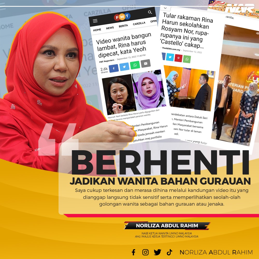 (1/10)
Saya telah menonton sebuah video melalui platform TikTok Menteri Pembangunan Wanita, Keluarga dan Masyrarakat (KPWKM), <a href="/RinaMohdHarun/">Rina Mohd Harun</a> yang memaparkan pemimpin itu bersama pegawai KPWKM dan pelakon popular, Datuk Rosyam Nor mempersendakan golongan wanita