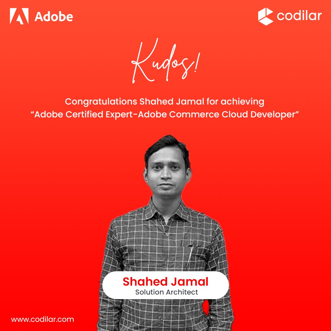 codilar's tweet photo. Congratulations Shahed Jamal for achieving the "Adobe Certified Expert-Adobe Commerce Cloud Developer" Certification
.
.
.
#employeeachievement #adobecommerceclouddeveloper #magento2 #adobecommerce #ecommerce #magentodeveloper #magecafe #Codilar #codilartechnologies https://t.co/9HD9JKVUxq
