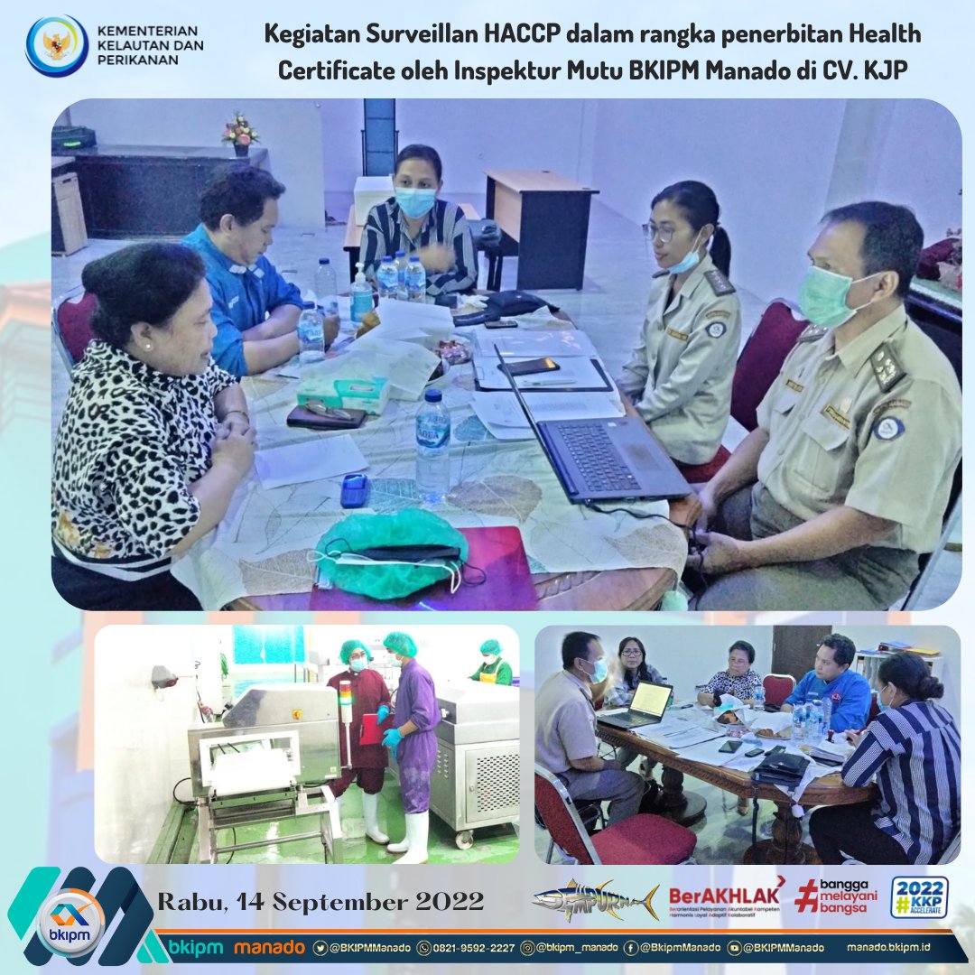 BKIPMBitung's tweet photo. 14 September 2022 #KKPAccelerate 
Kagiatan surveillan HACCP dalam rangka penerbitan Health Certificate oleh Inspektur Mutu BKIPM Manado di CV. KJP Minahasa Utara. 
@bkipm_kkp 
@BKIPMManado 
@Muhlin21 
@pondaag_vera 
@DollyLumenta 
@like_watung https://t.co/zRfucbPjTB
