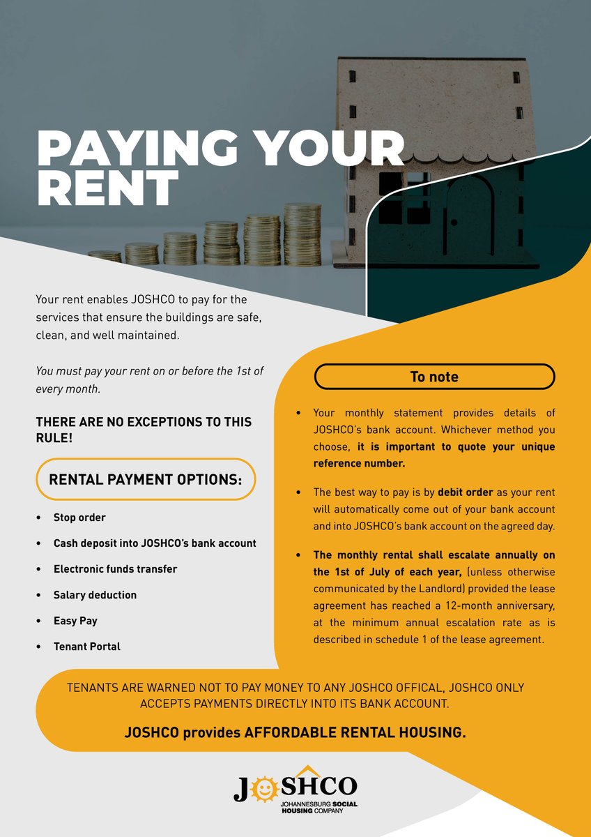 myjoshco's tweet image. To our beloved tenants, get to know our rent payment processes and arrangements you can make should you not be able to pay your rent.

We provide AFFORDABLE RENTAL HOUSING only. 
#JoburgServices
#JoshcoCares 
#RevenueDrive