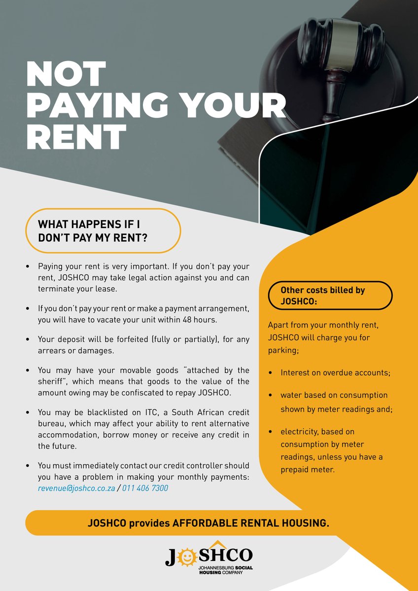 myjoshco's tweet image. To our beloved tenants, get to know our rent payment processes and arrangements you can make should you not be able to pay your rent.

We provide AFFORDABLE RENTAL HOUSING only. 
#JoburgServices
#JoshcoCares 
#RevenueDrive