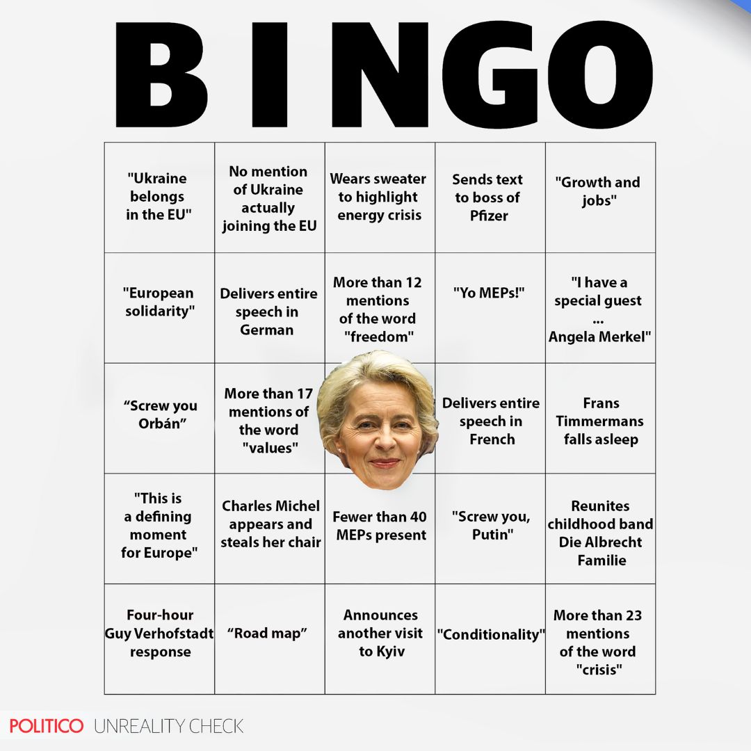 POLITICOEurope's tweet photo. 🇪🇺 The State of the European Union speech is one of the biggest events in the EU political calendar.

What better way to celebrate than to play a fun game?

Enjoy our #SOTEU Bingo, with a side of live-blog: https://t.co/uKwK0E3GVc https://t.co/eQyId2bNFA