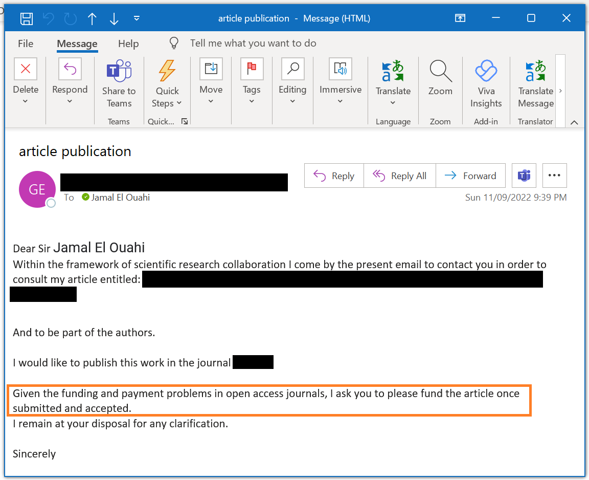Jamaleo_'s tweet photo. Invitation to be a co-author of a paper (not in my field of expertise) ... and to pay the APC. Thoughts? #PayOrPerish https://t.co/AtMl9J41DT