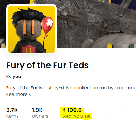 When I took over this project it wasn't supposed to be any close to what it became. We were at 87ish ETH 4 months ago. We just crossed 100 ETH today and now we go for that checkmark. 

Oh, we did it during a BEAR market at an average of .003 so just over 2k sales.