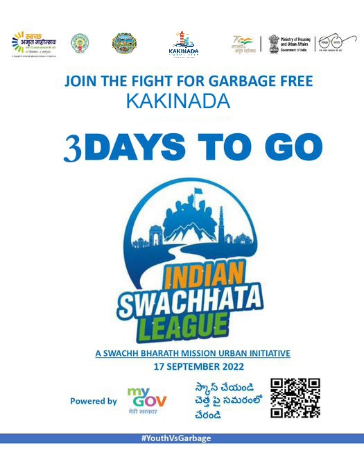 On 17.09.2022, SEWA DIWAS - As the Kakinada youth is rallying for garbage-free hills and tourist spots, all the youth of Kakinada city have only 3 days left to participate in this campaign by scanning the QR code, let's work for a garbage-free Kakinada. 3 days left....