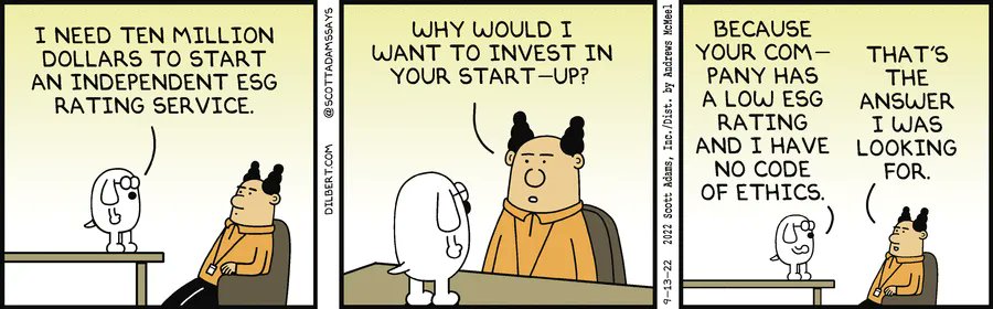 stephenhuppert's tweet photo. Dogbert starts an ESG Rating Firm https://t.co/Csb7IWDElZ #ESG #Dilbert #Dogbert https://t.co/ptQM1sYlXK