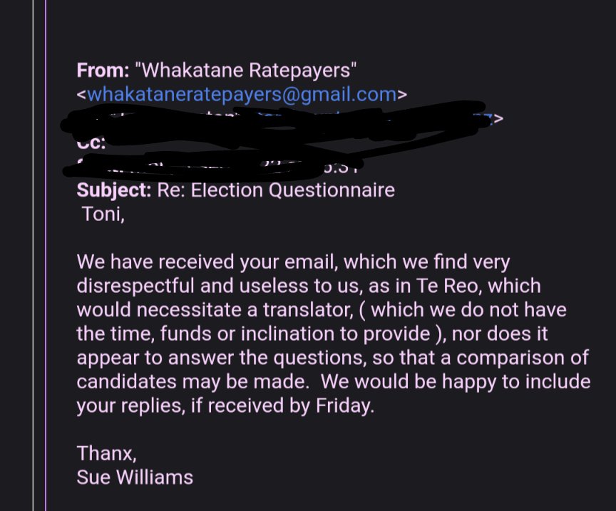 "Whakatāne Ratepayers Association" not really feeling the vibe of te wiki o te reo Māori. This was sent in response to a wahine Māori candidate standing in a MĀORI seat #PatuaTeKaikiri