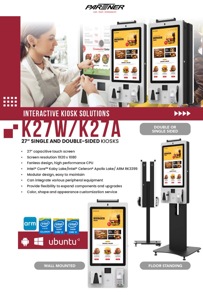 PartnerTechUKC1's tweet photo. Partner Tech Middle East FZCO 📢 K27-Series: Single and Double Sided Kiosks ➡️ View our Product Catalog 🔗
https://t.co/bLLi3L82CG
➡️ Read More 🔗 https://t.co/iLcmgjgAQP
#partnertech #pos #kiosk #mobilepos #retail #hospitality #customerservice #technology #uae #dubai https://t.co/WAXiismqNC